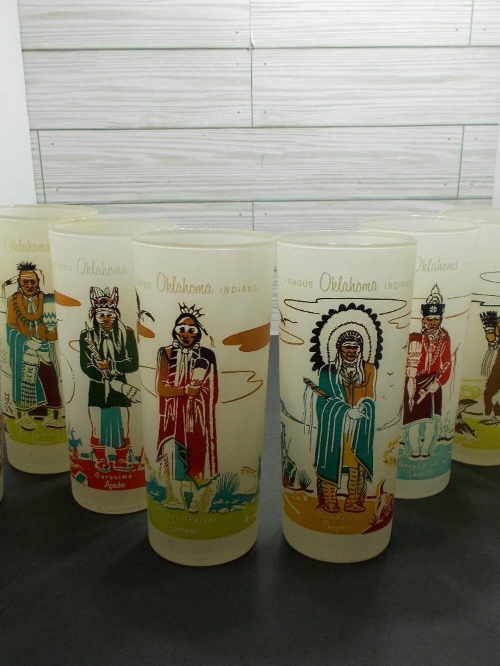 Vintage Fox Oil Acee Blue Eagle Famous Oklahoma Indians Frosted Glass Set of 8
